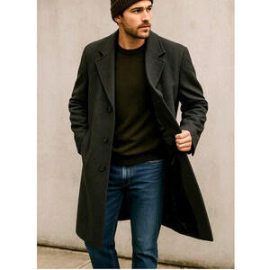 Huckberry XL Cashmere & Wool Overcoat $650 Classic Trench Long Jacket Black
